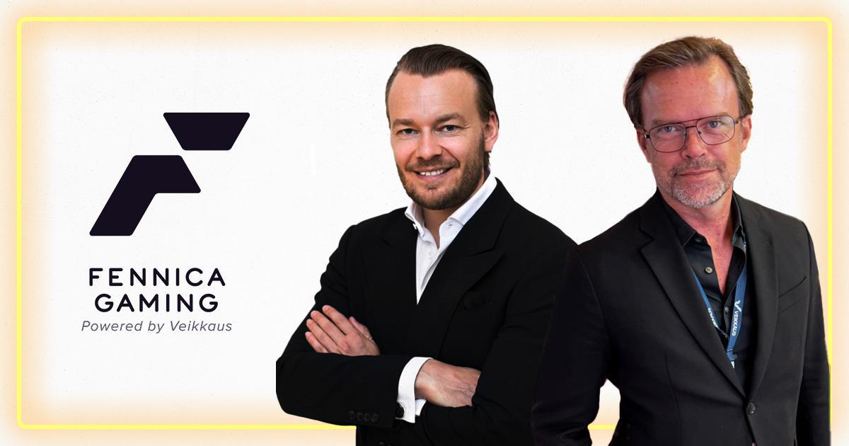 Erik Nyman and Jonas Reuter standing next to each other with a Fennica Gaming Logo on their left side