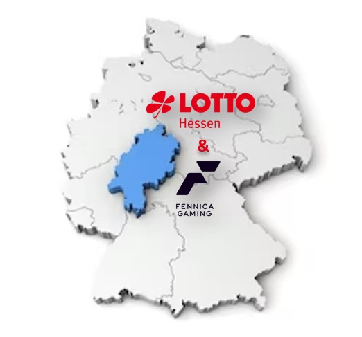 Map of Germany and Hessia pointed out with logos of Lotto Hessen AND FENNICA GAMING