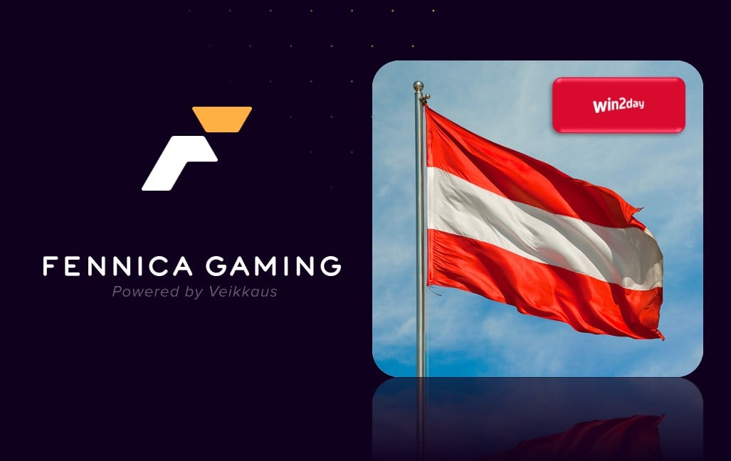 win2day logo next to Austrian flag with Fennica Gaming's logo