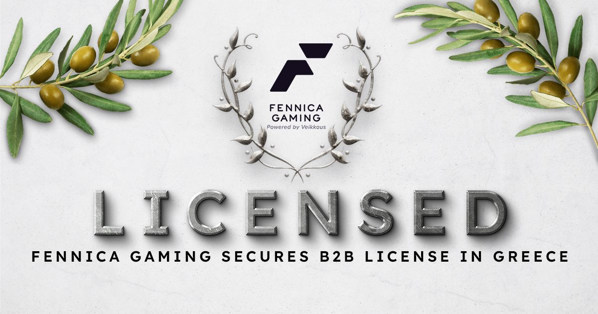 Big License text and Fennica Gaming logo with olive tree branches