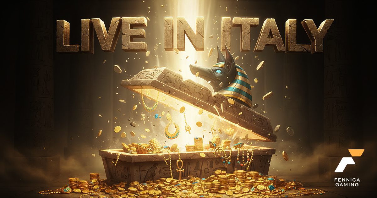Live in Italy text with a golden treasure and Egyptika game character